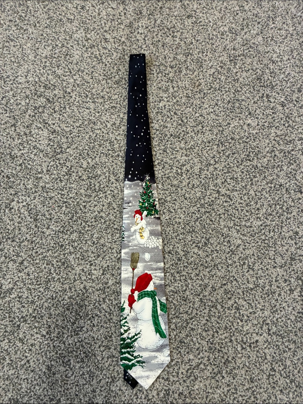 Festive Snowman Print Holiday Tie in Black, Red and Green